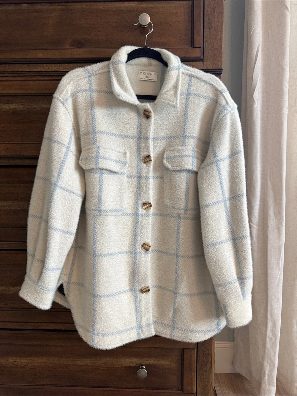 Z Supply Cream and Light Blue Teddy Shacket